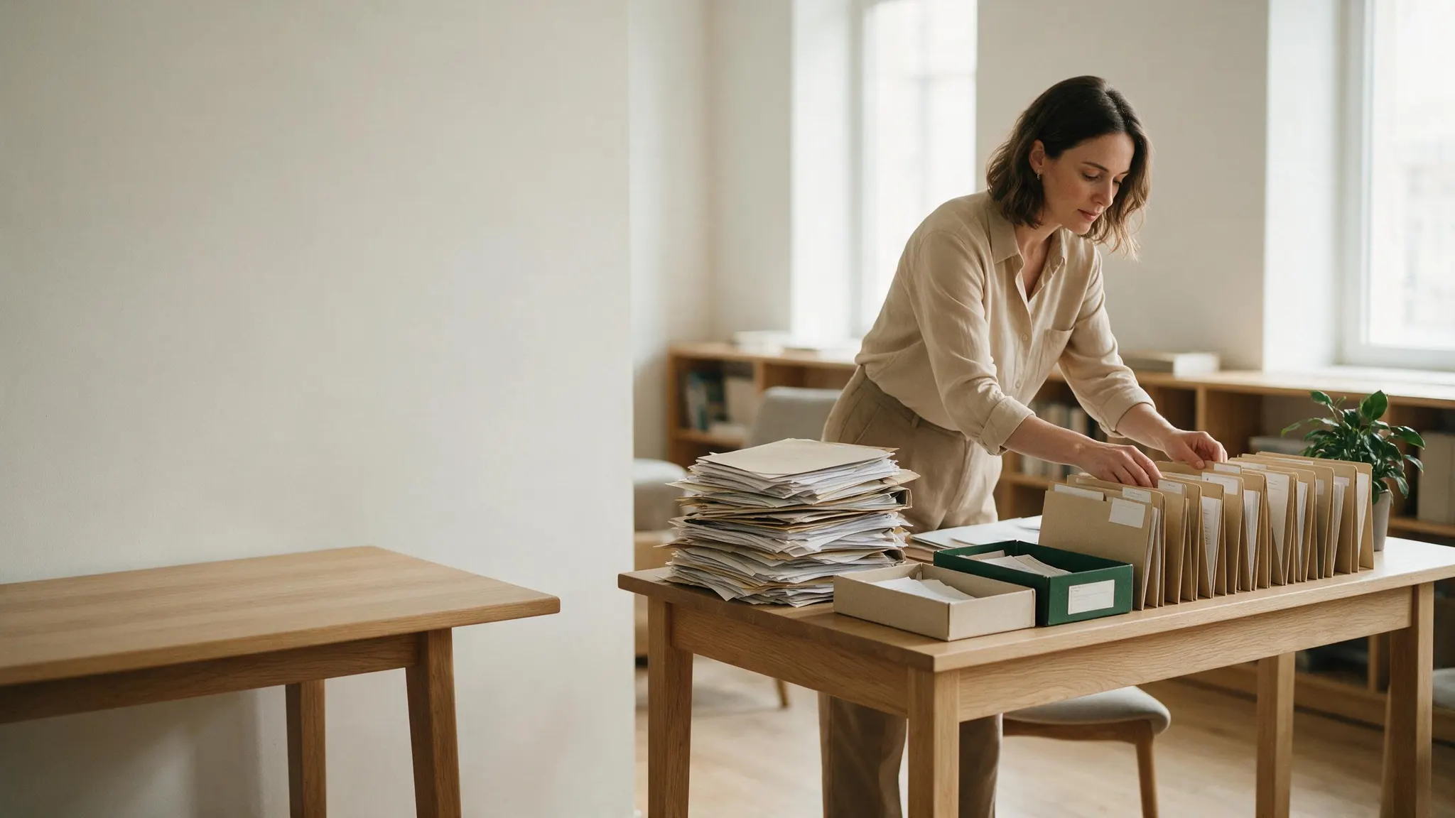 Profesional ordenando carpetas y documentos en una mesa de trabajo.