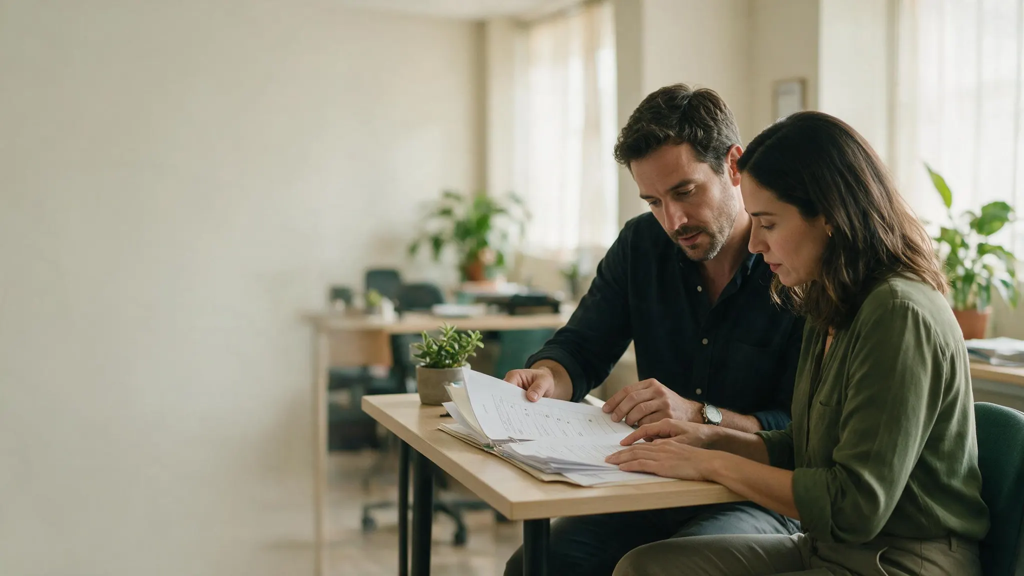 Dos profesionales revisando juntos un documento en un espacio de trabajo.
