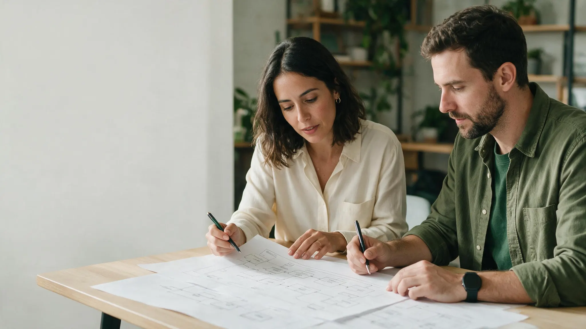 Dos profesionales revisando diagramas de proceso impresos en una mesa de trabajo.