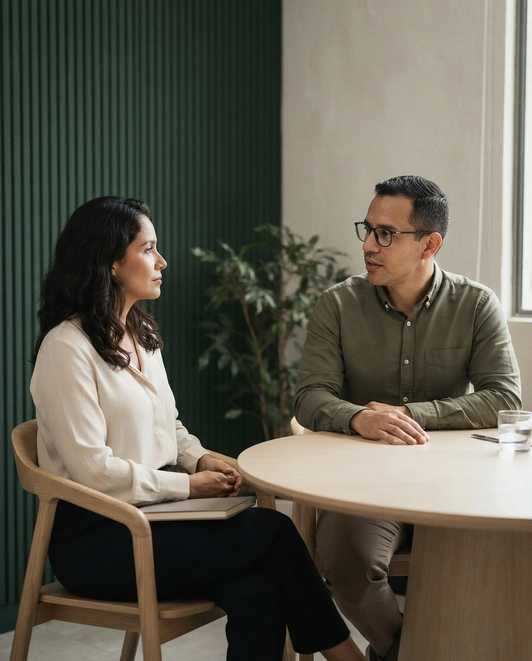 Dos profesionales conversan con atención en una mesa de trabajo.