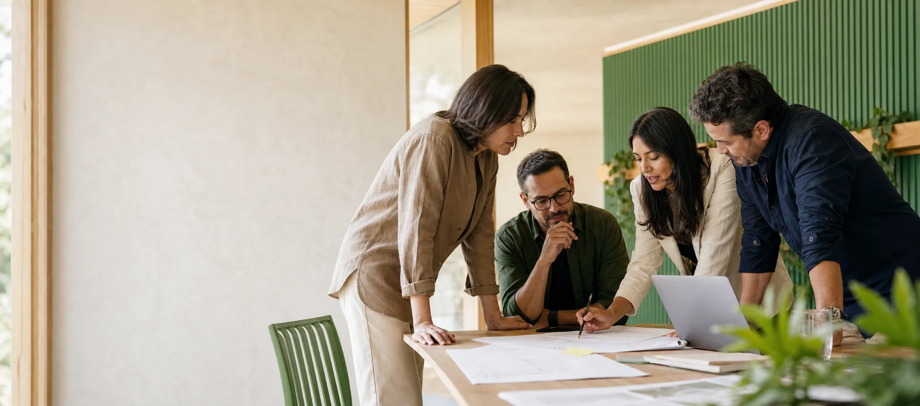 Profesionales colaborando alrededor de una mesa de trabajo