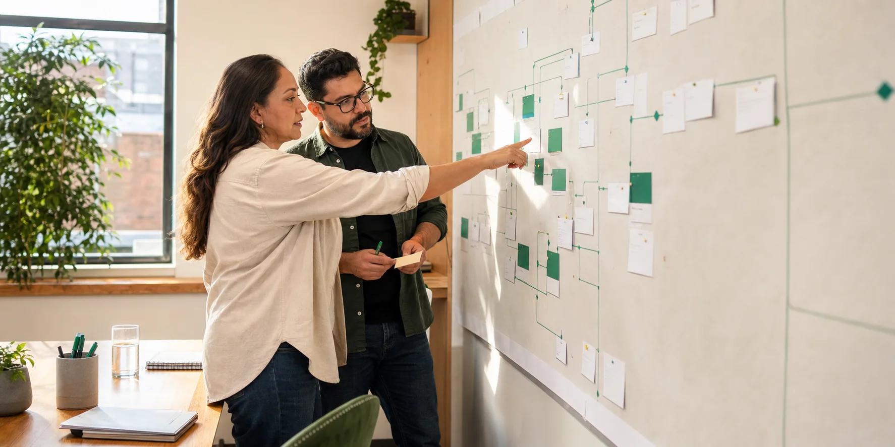 Dos profesionales analizando juntos el mapa de un proceso